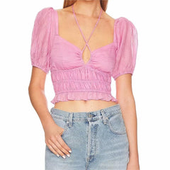 Lantern Sleeve Ruffled Pleated Chiffon Top All Matching Graceful