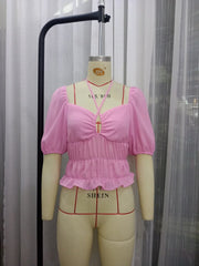 Lantern Sleeve Ruffled Pleated Chiffon Top All Matching Graceful