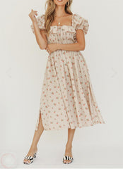 Square Collar Printed Elastic Dress Ruffled Tied Midi Dress