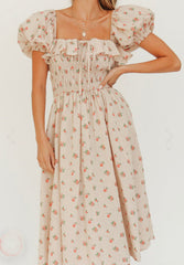 Square Collar Printed Elastic Dress Ruffled Tied Midi Dress