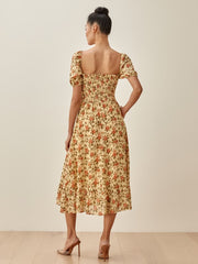 Square Collar Short Sleeve High Waist Elastic Mid Length Split Dress
