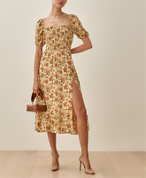 Square Collar Short Sleeve High Waist Elastic Mid Length Split Dress