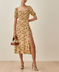 Square Collar Short Sleeve High Waist Elastic Mid Length Split Dress