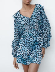V neck Animal Pattern Printed Top Elegant Laminated Contrast Color Long Sleeves Shirt Hair
