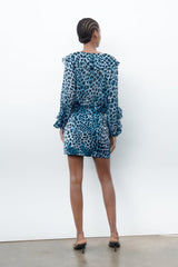 V neck Animal Pattern Printed Top Elegant Laminated Contrast Color Long Sleeves Shirt Hair