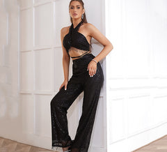 Criss Cross Sequined Top Stitching Tassel Short Halter Backless Vest