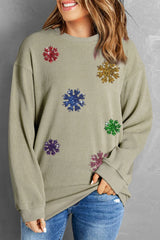 Green Sequin Snowflake Corded Drop Shoulder Graphic Sweatshirt