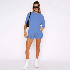 Solid Color round Neck Half Sleeve Pullover Top Casual Shorts Suit