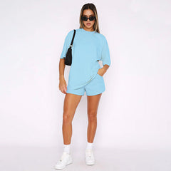 Solid Color round Neck Half Sleeve Pullover Top Casual Shorts Suit