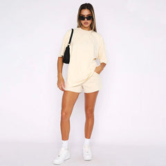 Solid Color round Neck Half Sleeve Pullover Top Casual Shorts Suit