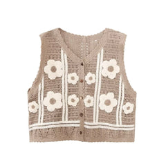 Gilet simple boutonnage en jacquard floral ajouré et découpé, gilet crocheté