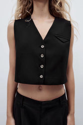 Schwarze Slim Fit Cropped Weste Kurze ärmellose Weste mit V-Ausschnitt