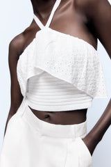 Hollow Out Cutout Embroidered Knitted Sling Dress Halter Top