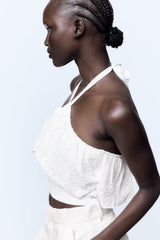 Hollow Out Cutout Embroidered Knitted Sling Dress Halter Top