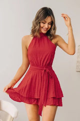 Elegance Chiffon Sleeveless Ruffled Short Dress With Belt