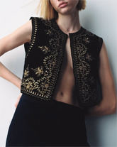 Gilet en velours brodé style rétro décontracté