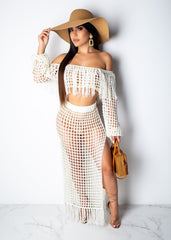 Casual Mesh Tassel Beach Skirt Two Piece Set