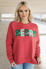 Rotes Chenille-Sweatshirt „MERRY Christmas“ mit Raglanärmeln und Grafik