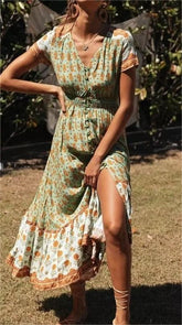 Urlaubs-Strandkleid mit Positionierungsdruck, kurzärmliges Kleid mit kontrollierter Taille