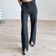 Long Leg Visual Front Slit High Waist Jeans Mop Trousers Slimming Drooping Straight Pants