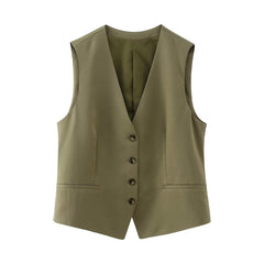 Costume décontracté à col en V et simple boutonnage, sans manches, gilet court, taille haute