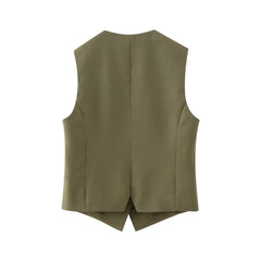 Costume décontracté à col en V et simple boutonnage, sans manches, gilet court, taille haute