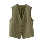 Costume décontracté à col en V et simple boutonnage, sans manches, gilet court, taille haute