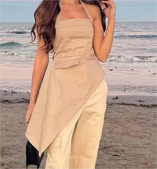 Backless Halter Side Zipper Strapless Asymmetric Top