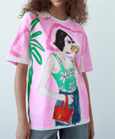 T-shirt décontracté à col rond et imprimé de couleur contrastée pour fille lumineuse
