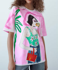 Casual round Neck Contrast Color Bright Girl Printed T shirt