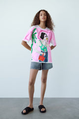 Casual round Neck Contrast Color Bright Girl Printed T shirt