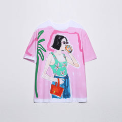 Casual round Neck Contrast Color Bright Girl Printed T shirt