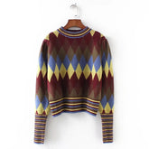 Round Neck Geometric Abstract Pattern Casual Knitted Sweater Top