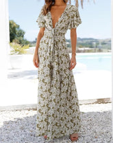 Zweifarbiger Jumpsuit mit Schnürung und Print auf der Brust, V-Ausschnitt, kurzes Outfit, Hose mit weitem Bein
