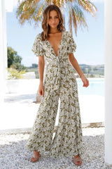 Two Color Chest Lace Up Printed Jumpsuit V Neck Cropped Outfit Wide Leg Trousers