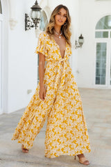 Two Color Chest Lace Up Printed Jumpsuit V Neck Cropped Outfit Wide Leg Trousers