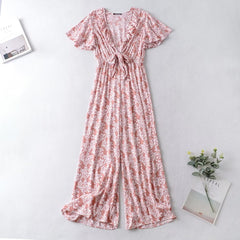 Two Color Chest Lace Up Printed Jumpsuit V Neck Cropped Outfit Wide Leg Trousers