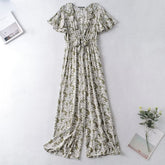 Two Color Chest Lace Up Printed Jumpsuit V Neck Cropped Outfit Wide Leg Trousers
