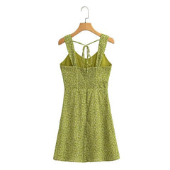 French Vacation Green Single Breasted Square Collar Dress Wide Brimmed Cami Dress
