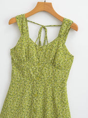 French Vacation Green Single Breasted Square Collar Dress Wide Brimmed Cami Dress