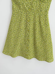 French Vacation Green Single Breasted Square Collar Dress Wide Brimmed Cami Dress