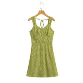 French Vacation Green Single Breasted Square Collar Dress Wide Brimmed Cami Dress