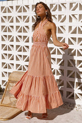 Elegant Check Daily Criss Cross Tie Backless Sleeveless A Line Maxi Dress