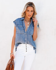 Sleeveless Washed Worn Straight Pocket Loose Denim Shirt