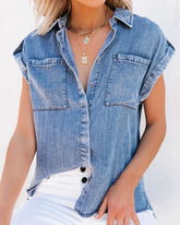 Chemise en jean ample sans manches, délavée, usée, droite, avec poches