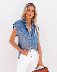 Sleeveless Washed Worn Straight Pocket Loose Denim Shirt