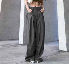 Distressed Gray Woven Straight Leg Pants High Waist Loose Slim Fit Draping Ribbon Trousers