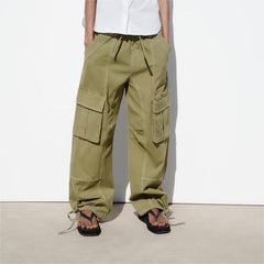 Multi Pocket High Waist Wide Leg Pants Drawstring Decoration Workwear Casual Pants