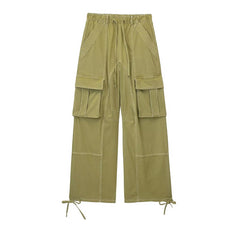 Multi Pocket High Waist Wide Leg Pants Drawstring Decoration Workwear Casual Pants