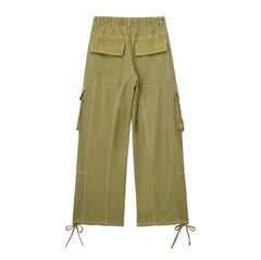 Multi Pocket High Waist Wide Leg Pants Drawstring Decoration Workwear Casual Pants